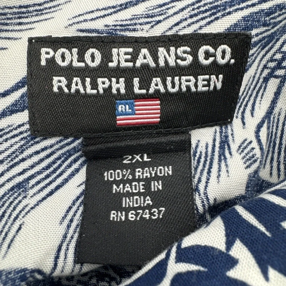 Polo Jeans Co Ralph Lauren Shirt Mens 2XL Blue Hibiscus Floral Rayon Hawaiian